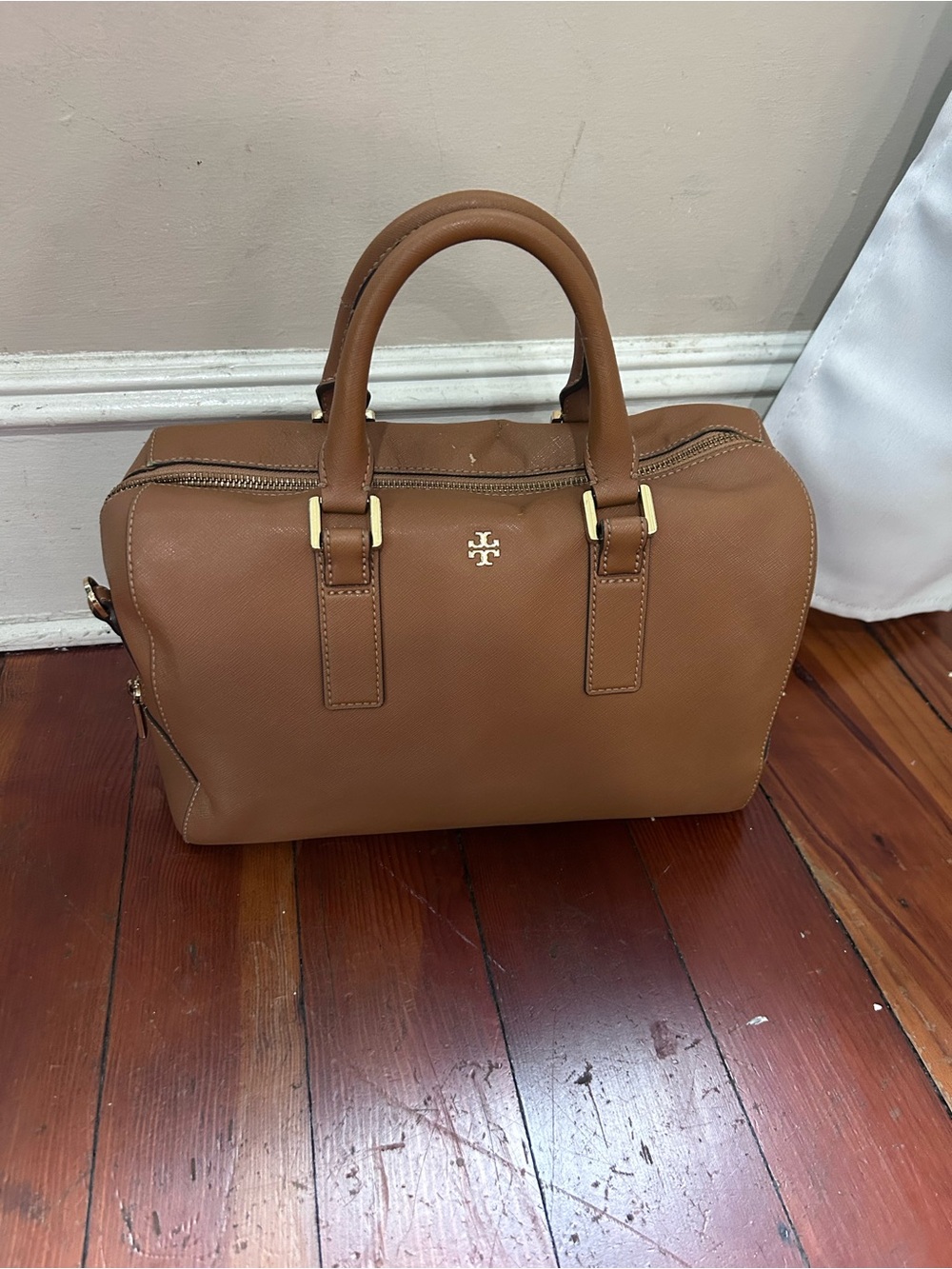 Tory Burch Brown Leather Top-Handle Satchel with Gold Hardware